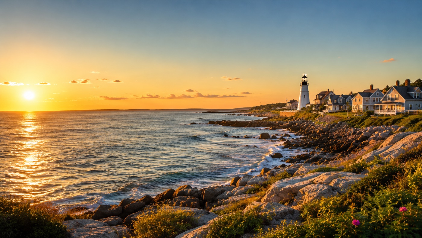 Scituate Lighthouse and coastline at sunset